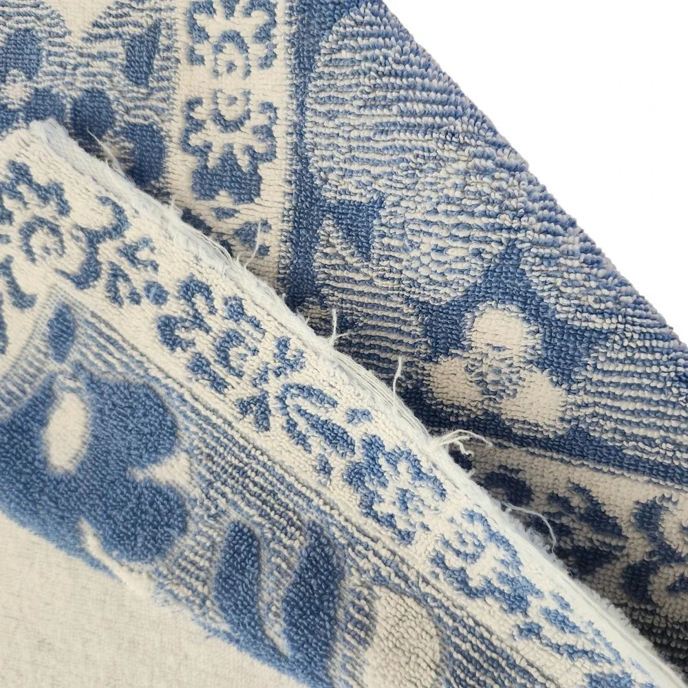 Vintage Stevens Utica Bath Towel Blue White Floral Sculpted Cotton USA 60s